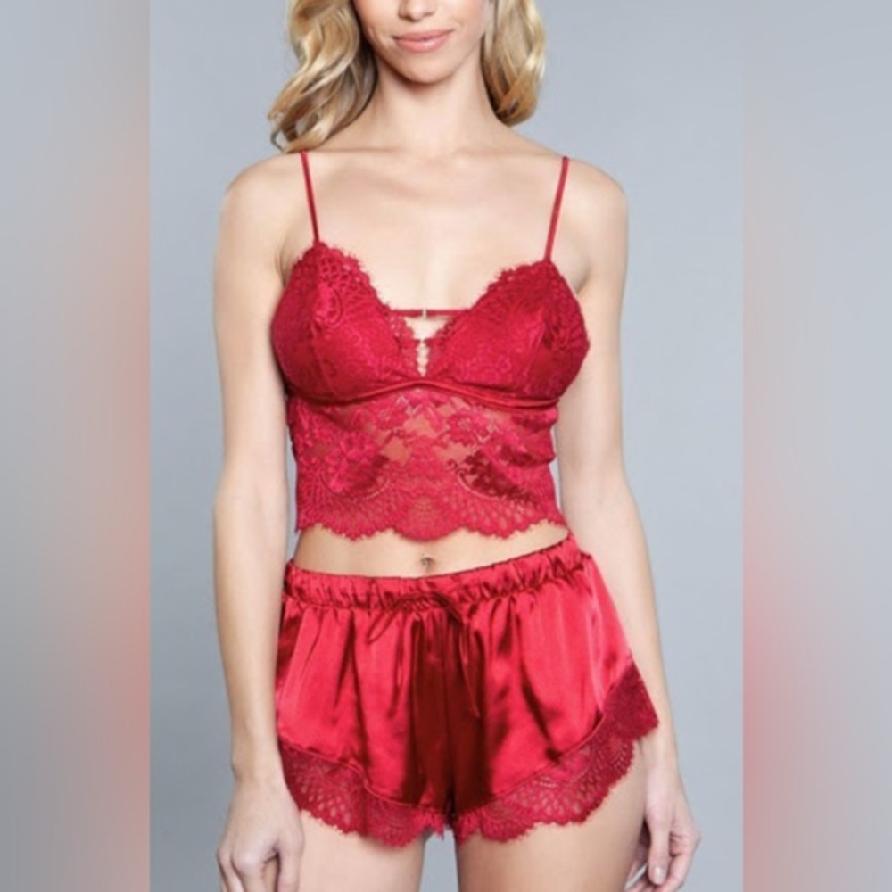 NWT Red Lace Bralette and Satin Shorts Set - MEDIUM